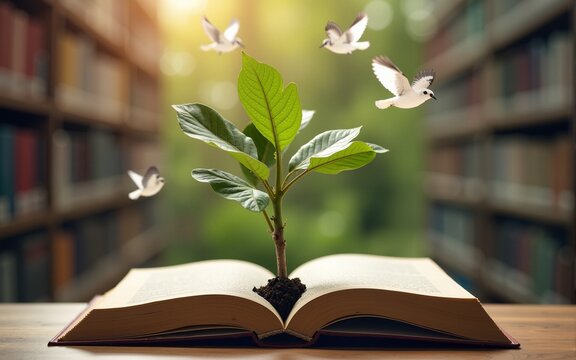 The concept of education by planting knowledge trees and birds flying to the future to open old books in the library, beautiful blurred background. High quality