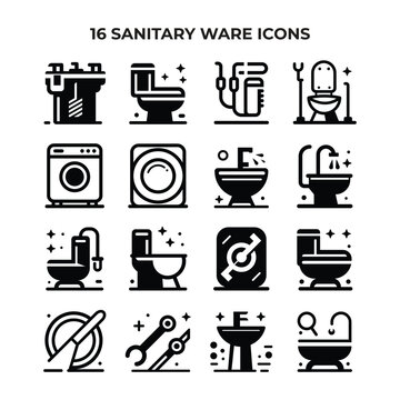 Sanitary Ware Icon Set &ndash; Toilet, Basin, Shower Mixer Vector Symbols