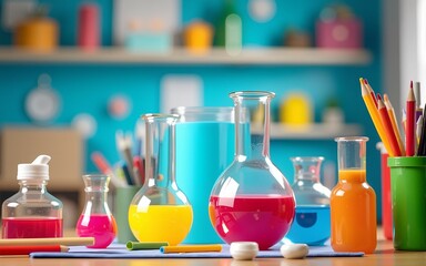 Colorful back-to-school science lab equipment display with vibrant educational tools and experiments. High quality