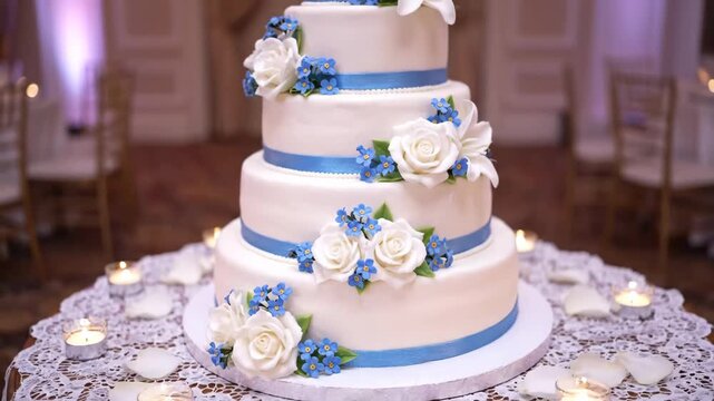 Elegant Wedding Cake with Floral Decoration - A four-tiered wedding cake decorated with white roses and blue forget-me-nots sits on a lace tablecloth, surrounded by lit tea light candles and