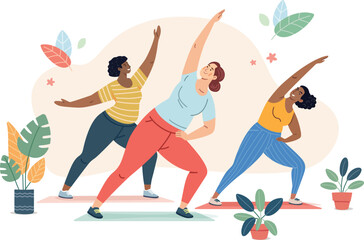 Group diverse plus size women exercising together happily in colorful activewear