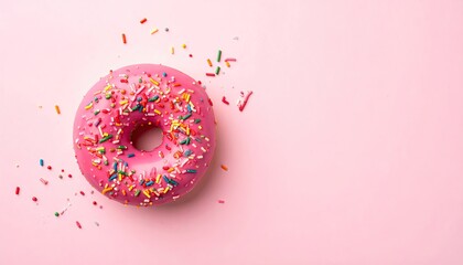 Close up of a pink frosted donut with colorful sprinkles scattered on a pastel pink background with soft natural light casting subtle shadows a sweet treat ready for enjoyment