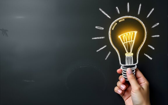 Idea light bulb doodle on black chalkboard with blank copy space for educational success and creativity concept. High quality - Powered by Adobe