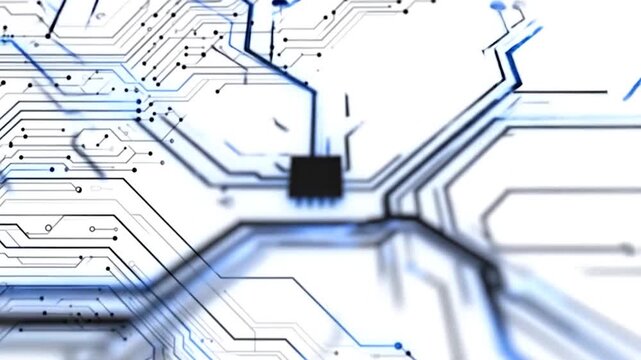 Abstract circuit board pattern with black, gray, and glowing blue lines and dots on a white background