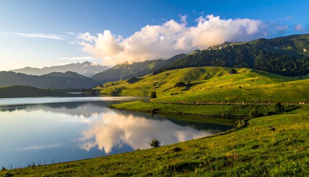 Tranquil mountain lake scene reflecting clouds, sun, and rolling hills