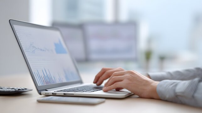 Analyst typing on laptop with financial charts across multiple monitors in bright office — perfect for finance blog, fintech landing page