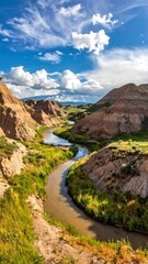 Scenic river winding through colorful hills