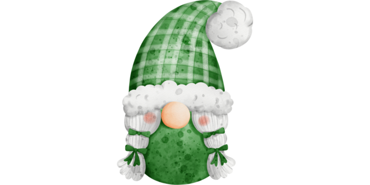 Cute green Christmas gnome with checkered hat and white braids illustration