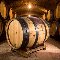 Wooden barrel prominently displayed in a brick-lined cellar