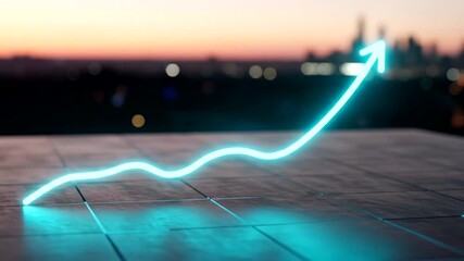 Neon growth chart visualization against a city skyline at sunset - Powered by Adobe