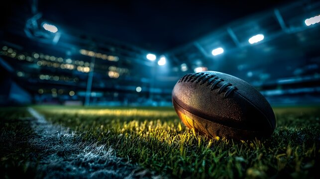 Rugby ball resting on green field under stadium lights at dusk — perfect for match promos, team posters - Powered by Adobe