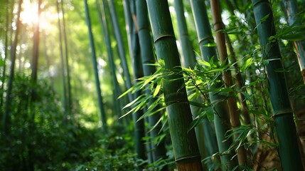 Obraz premium Green bamboo stalks and leaves glowing in sunlight in natural grove, perfect for background, wallpaper