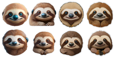 Cute Cartoon Sloths with Expressive Faces and Adorable Features, isolated on transparent background