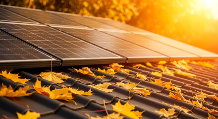 Solar panels on rooftop with autumn leaves during sunset, renewable energy concept