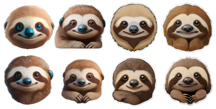 Cute Cartoon Sloths with Expressive Faces and Adorable Features, isolated on transparent background