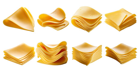 Cheese slices stacked and folded in different ways isolated on transparent background