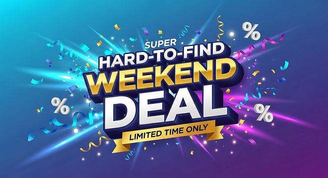 Discover super hard to find weekend deals for a limited time only, a vibrant and dynamic promotional graphic perfect for advertising discounts and special offers to boost sales