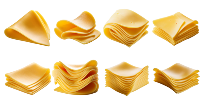 Cheese slices stacked and folded in different ways isolated on transparent background