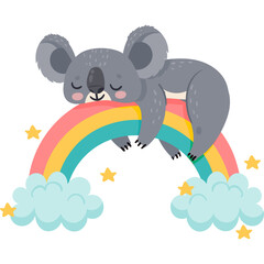 Cute koala sleeping peacefully on a colorful rainbow with fluffy clouds and twinkling stars against a transparent background in a whimsical cartoon style