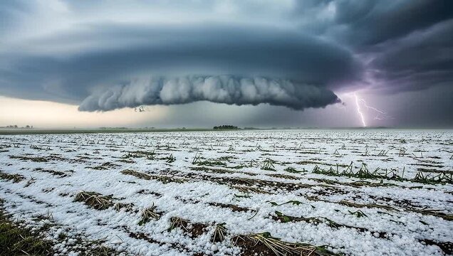 Dramatic Supercell Thunderstorm with Lightning Strikes Over a Hail-Covered Field.