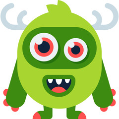 Cute Green Monster Character With Antlers And Big Eyes Smiling With Visible Teeth On Transparent Background