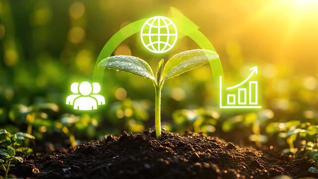 Sustainable Growth Concept with Young Plant and Environmental Icons.