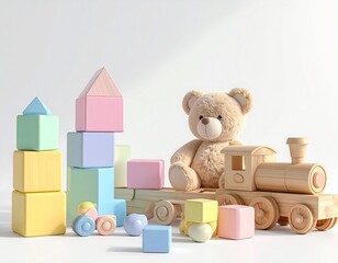 A charming still life featuring a teddy bear, wooden train, and colorful building blocks.