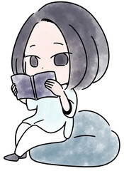 本を読む女性の水彩カラー