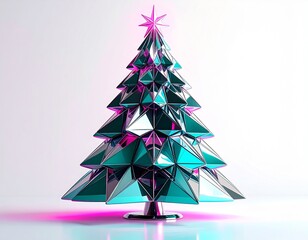 A modern, geometric Christmas tree made of faceted, reflective teal and pink material on a white background.