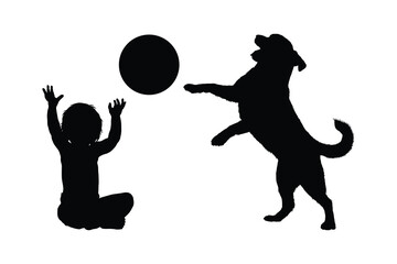  A baby boy toddler playing catch a ball with dog isolated black silhouette on white background.