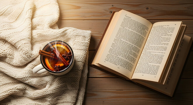 Cozy reading setup with cup of tea and knitted blanket on wooden table