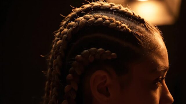 Close-Up of Braided Hairstyle - This close-up shot highlights the intricate details of a woman's braided hairstyle.