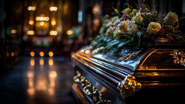 Coffin adorned with roses and candlelight in dim chapel — perfect for memorial service flyers, sympathy cards - Powered by Adobe
