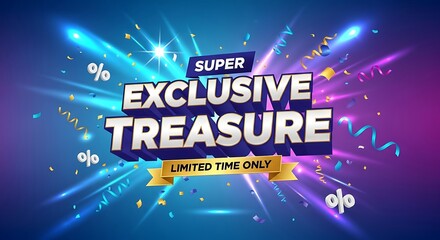 Unwrap incredible savings with a super exclusive treasure deal for a limited time, featuring vibrant confetti and electric blue accents for a modern, eye-catching promotional design