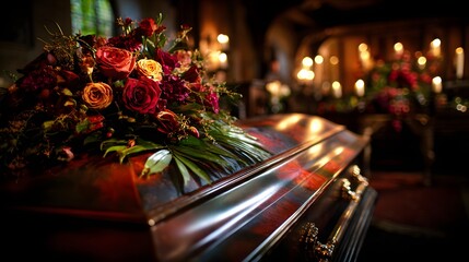 Coffin adorned with roses and candlelight in dim chapel — perfect for memorial service flyers, sympathy cards