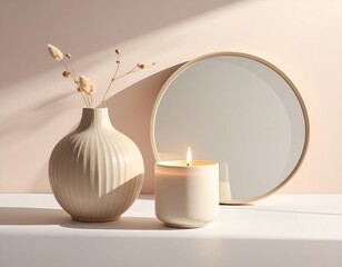 Still life with vase, candle and mirror on a shelf.