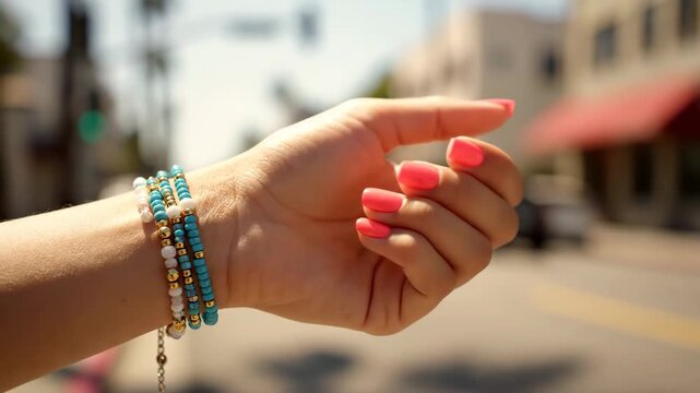 Woman's Hand with Turquoise Bracelets - A woman's hand with bright coral nail polish is seen outdoors, wearing multiple beaded bracelets in white, gold, and turquoise shades.