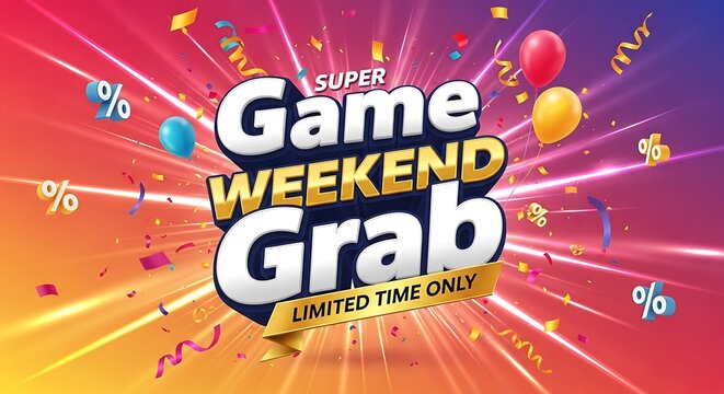 Don't Miss Out Grab Super Game Weekend Deals and Limited Time Savings with Festive Confetti, Balloons, and Glowing Accents for Exciting Promotions