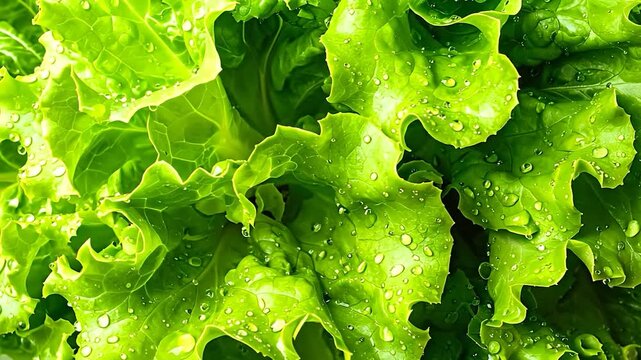 Close-up of fresh, vibrant green lettuce leaves glistening with numerous water droplets, emphasizing organic freshness