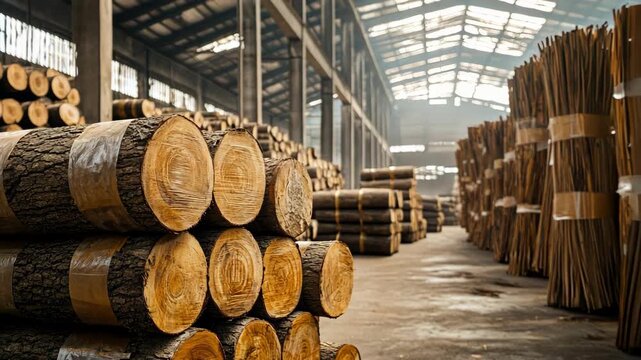 Stacked logs and lumber inside a large warehouse, ready for processing.