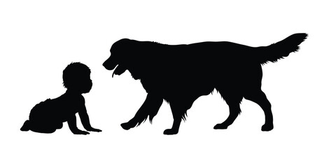 Happy baby crawling and playing with golden retriever dog side view vector black silhouette isolated on white background.
