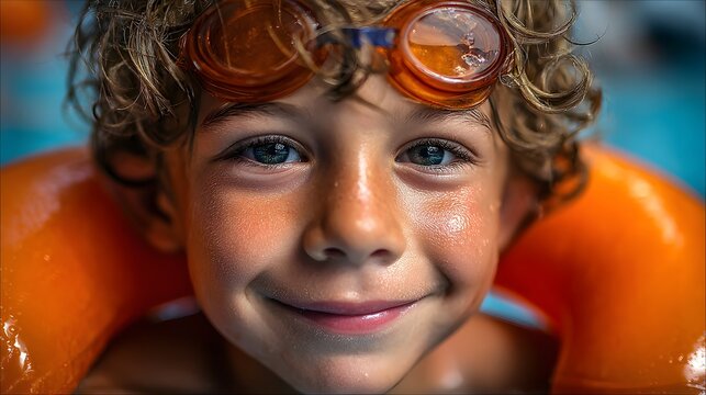 Happy boy swimmer with blue goggles in a pool close-up, wet face and bright smile, perfect for summer camp ad, sports poster