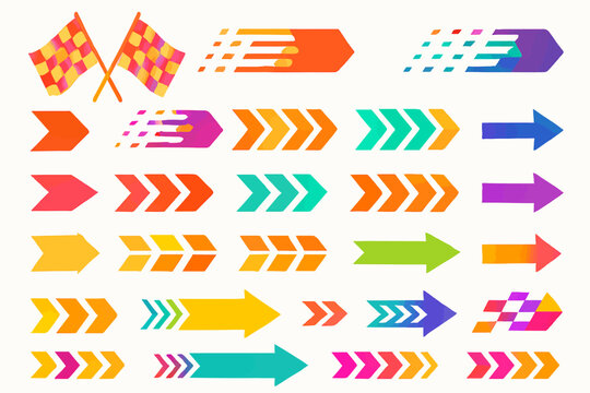 AIzaSyDse0sYAQfzSRM6BZdnKEVP_ZYGtBTUe3g Dynamic collection of colorful arrow graphic elements and flags, symbolizing speed, direction, and progress for digital design