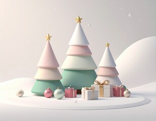Minimalist pastel Christmas trees with gifts and ornaments on a snowy white background.