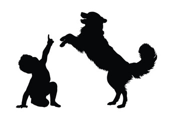 A little boy pointing and playing with dog vector side view silhouettes on white background. 
