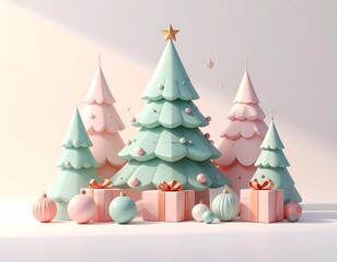A charming pastel Christmas scene featuring decorated trees, gifts, and ornaments, creating a festive atmosphere.