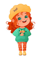 girl with berries, playful girl with red hair and freckles offering floral bouquet in autumn setting