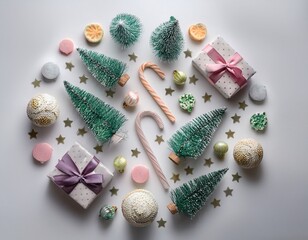 A festive arrangement of Christmas ornaments, miniature trees, candy canes, and gift boxes on a white background.