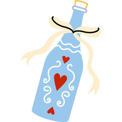 Light Blue Bottle with Red Hearts and Cream Ribbon Bow on Transparent Background
