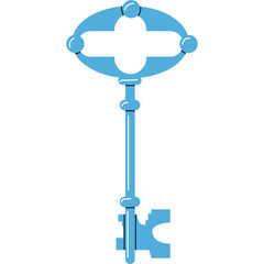 Light Blue Ornate Skeleton Key Object With Four Lobes At The Top And Decorative Shaft On White Background Studio Shot